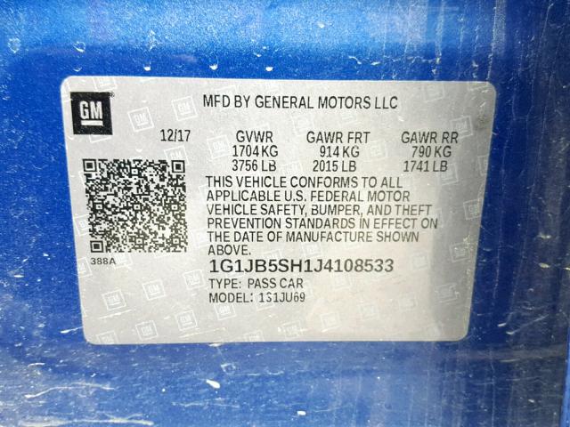 1G1JB5SH1J4108533 - 2018 CHEVROLET SONIC LS BLUE photo 10