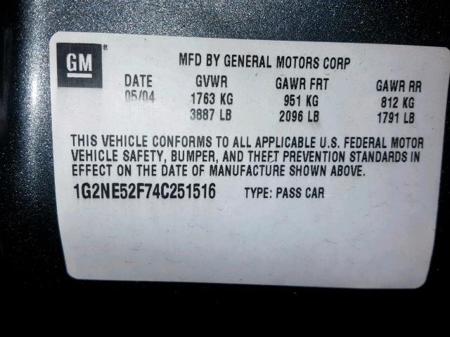 1G2NE52F74C251516 - 2004 PONTIAC GRAND AM S GRAY photo 10