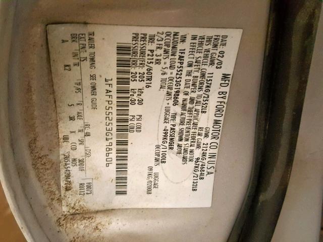 1FAFP55253G198606 - 2003 FORD TAURUS SES GRAY photo 10