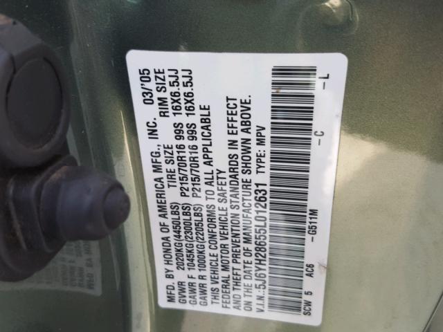 5J6YH28655L012631 - 2005 HONDA ELEMENT EX GREEN photo 10