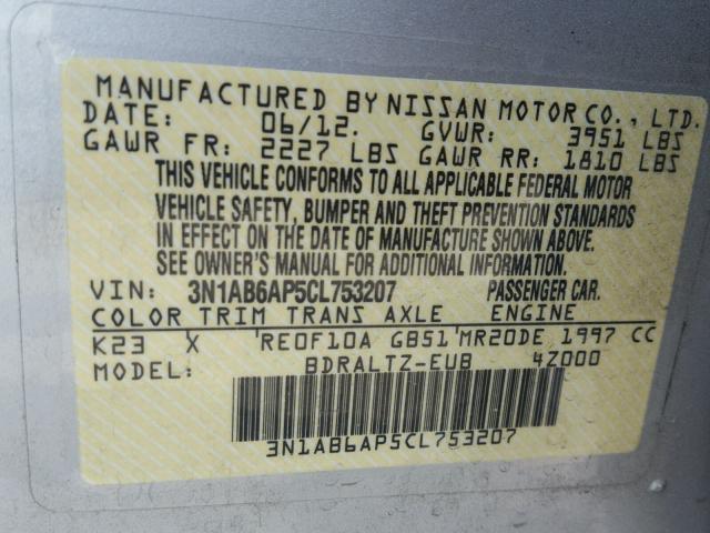 3N1AB6AP5CL753207 - 2012 NISSAN SENTRA 2.0 SILVER photo 10