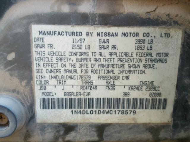 1N4DL01D4WC178579 - 1998 NISSAN ALTIMA XE GREEN photo 10