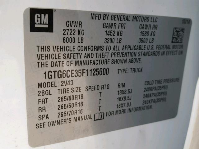 1GTG6CE35F1125600 - 2015 GMC CANYON SLT WHITE photo 10