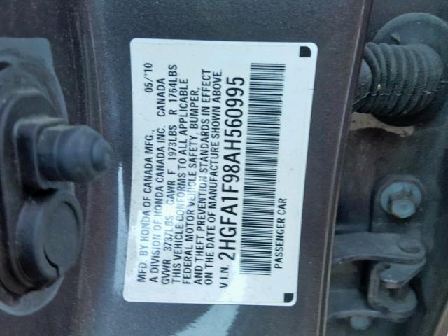 2HGFA1F98AH560995 - 2010 HONDA CIVIC EXL GRAY photo 10