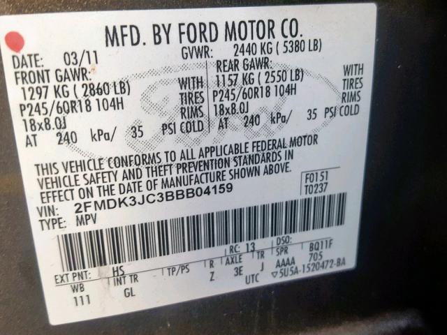 2FMDK3JC3BBB04159 - 2011 FORD EDGE SEL BLACK photo 10