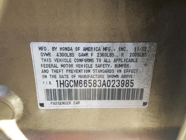 1HGCM66583A023985 - 2003 HONDA ACCORD GOLD photo 10