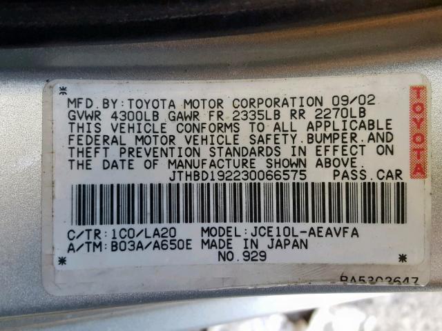 JTHBD192230066575 - 2003 LEXUS IS 300 SILVER photo 10