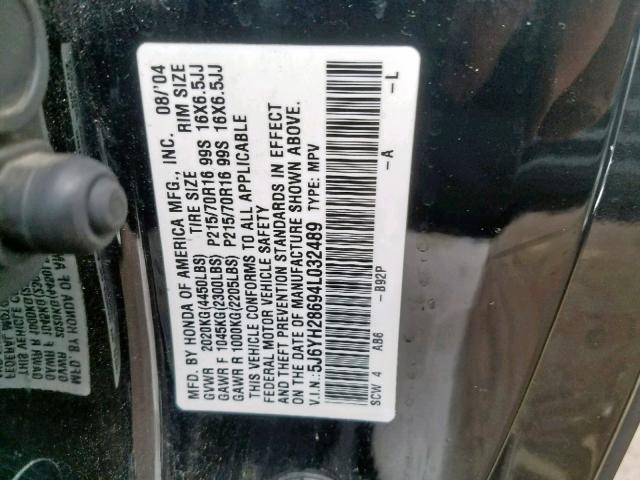 5J6YH28694L032489 - 2004 HONDA ELEMENT EX BLACK photo 10