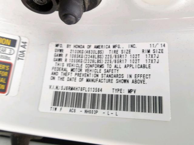 5J6RM4H78FL013584 - 2015 HONDA CR-V EXL WHITE photo 10