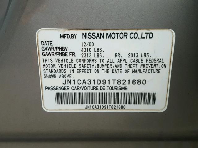 JN1CA31D91T821680 - 2001 NISSAN MAXIMA GXE GRAY photo 10