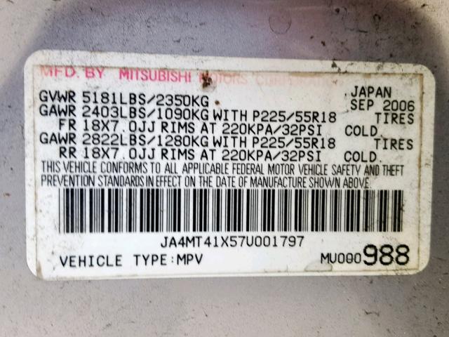 JA4MT41X57U001797 - 2007 MITSUBISHI OUTLANDER GREEN photo 10