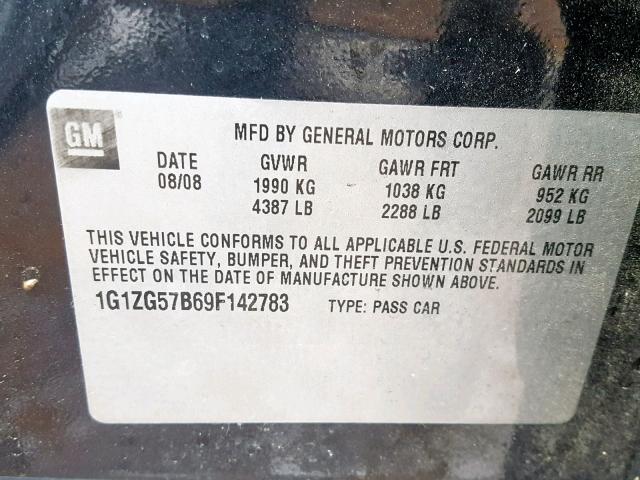 1G1ZG57B69F142783 - 2009 CHEVROLET MALIBU LS შავი ფოტო 10