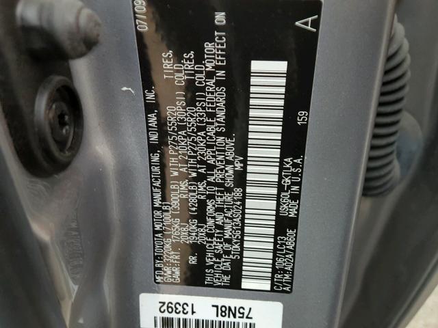 5TDKY5G13AS024188 - 2010 TOYOTA SEQUOIA LI CHARCOAL photo 10