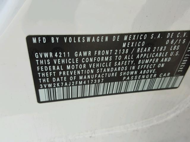 3VW2K7AJ2FM417397 - 2015 VOLKSWAGEN JETTA BASE WHITE photo 10