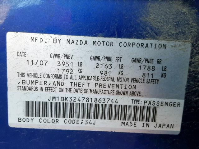 JM1BK324781863744 - 2008 MAZDA 3 S BLUE photo 10