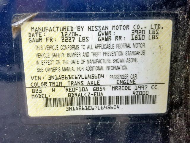 3N1AB61E67L645604 - 2007 NISSAN SENTRA 2.0 BLUE photo 10