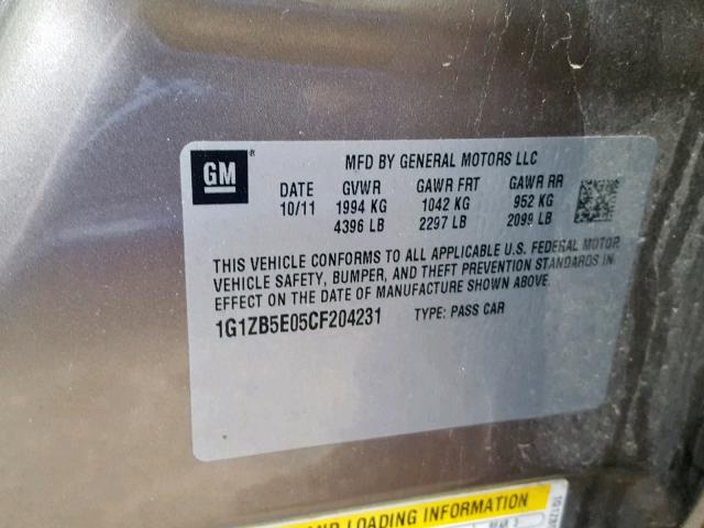 1G1ZB5E05CF204231 - 2012 CHEVROLET MALIBU LS ნაცრისფერი ფოტო 10