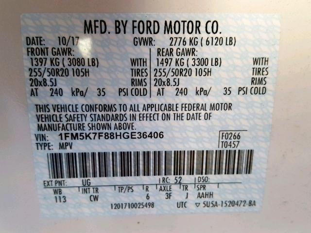 1FM5K7F88HGE36406 - 2017 FORD EXPLORER L WHITE photo 10