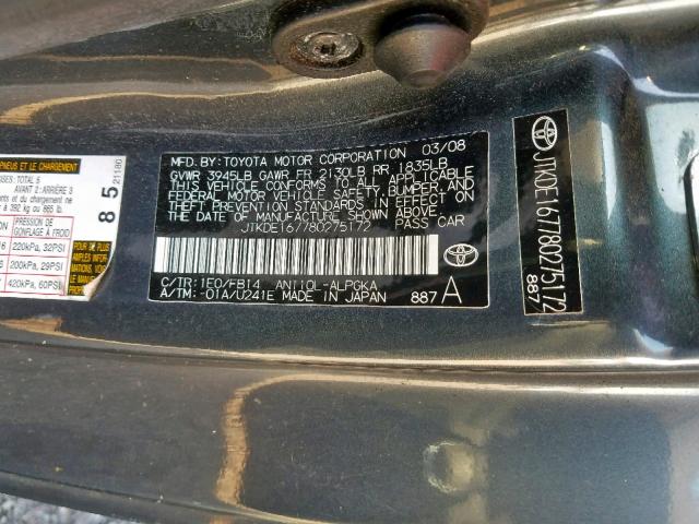 JTKDE167780275172 - 2008 TOYOTA SCION TC ლურჯი ფოტო 10