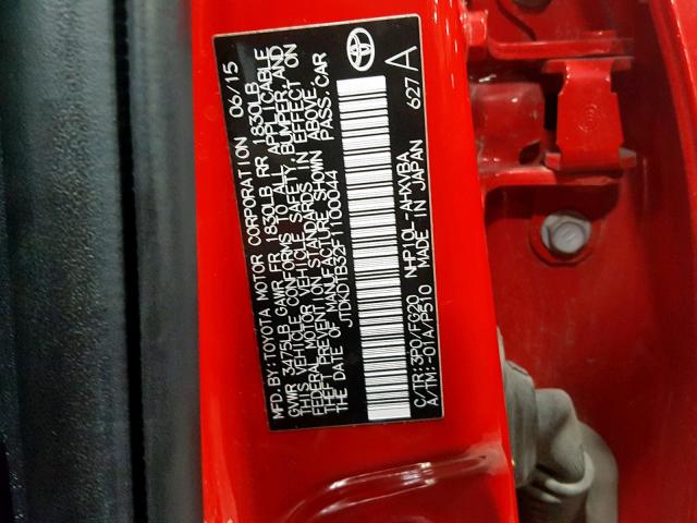 JTDKDTB32F1100044 - 2015 TOYOTA PRIUS C RED photo 10