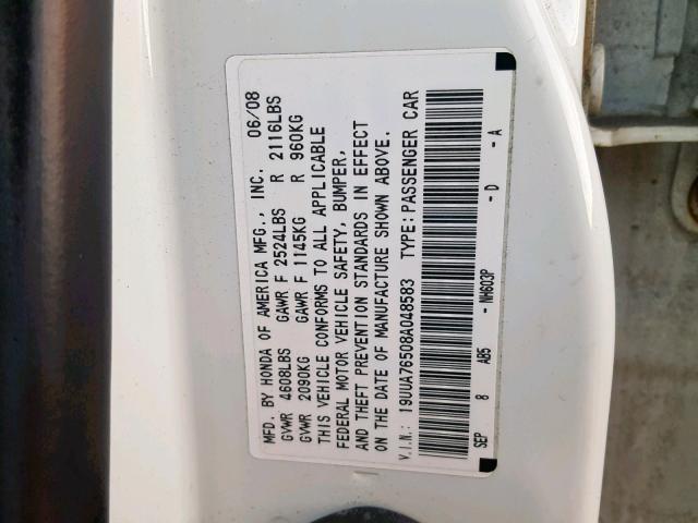 19UUA76508A048583 - 2008 ACURA TL TYPE S WHITE photo 10