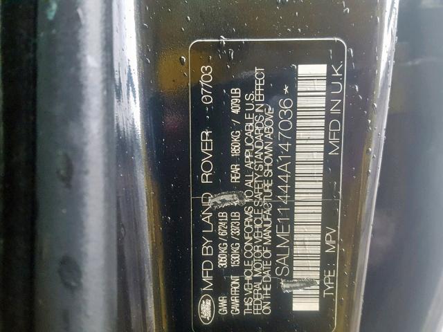 SALME11444A147036 - 2004 LAND ROVER RANGE ROVE BLACK photo 10