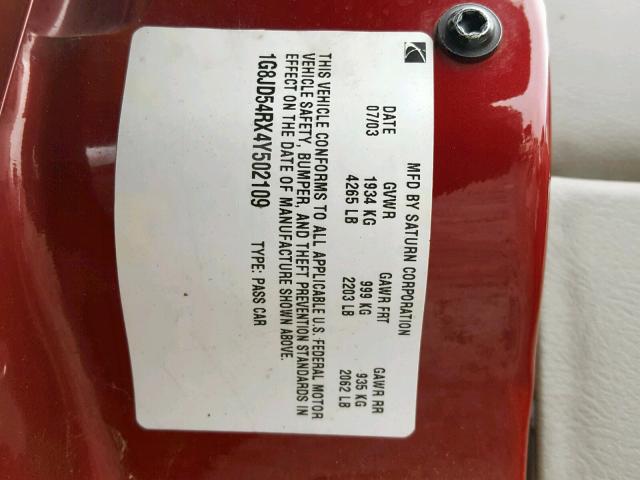 1G8JD54RX4Y502109 - 2004 SATURN L300 LEVEL MAROON photo 10