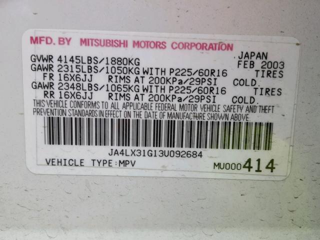 JA4LX31G13U092684 - 2003 MITSUBISHI OUTLANDER WHITE photo 10