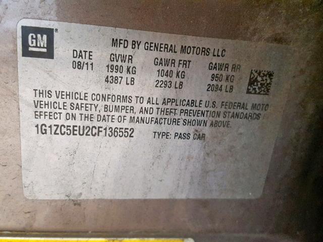 1G1ZC5EU2CF136552 - 2012 CHEVROLET MALIBU 1LT 灰色 照片 10