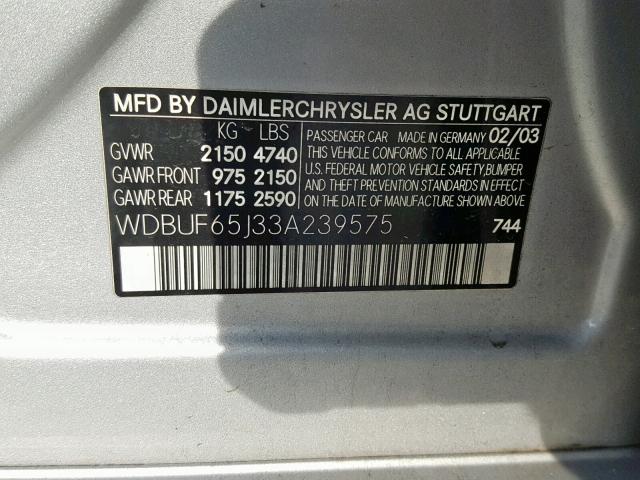 WDBUF65J33A239575 - 2003 MERCEDES-BENZ E 320 SILVER photo 10