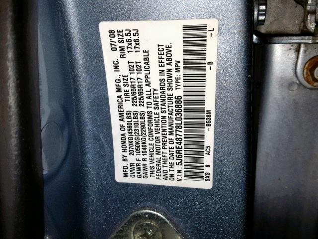 5J6RE48778L036886 - 2008 HONDA CR-V EXL BLUE photo 10