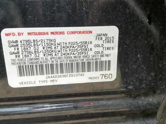 JA4AD3A36FZ013742 - 2015 MITSUBISHI OUTLANDER BLACK photo 10