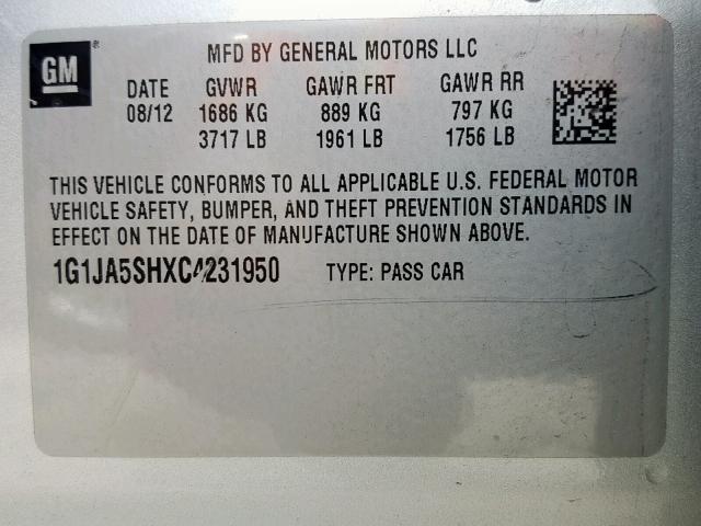 1G1JA5SHXC4231950 - 2012 CHEVROLET SONIC LS 银色 照片 10