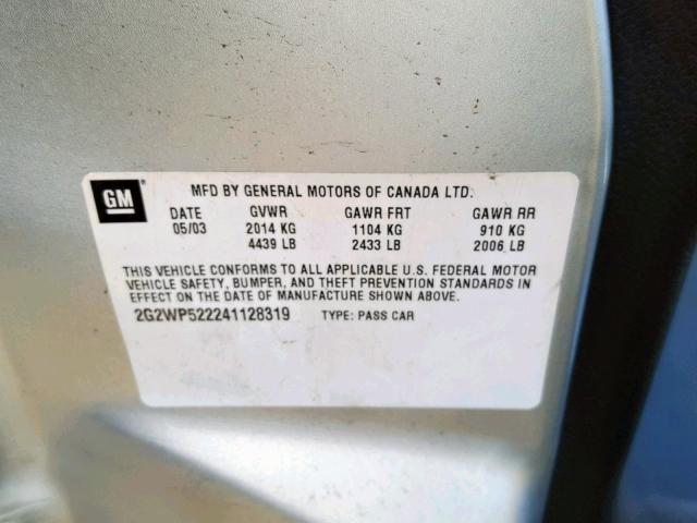 2G2WP522241128319 - 2004 PONTIAC GRAND PRIX SILVER photo 10