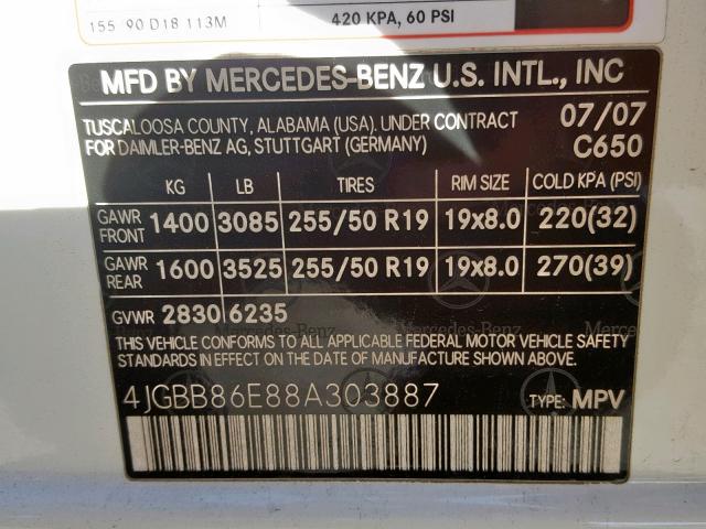 4JGBB86E88A303887 - 2008 MERCEDES-BENZ ML 350 WHITE photo 10