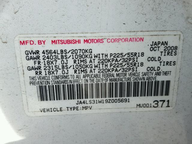 JA4LS31W19Z005691 - 2009 MITSUBISHI OUTLANDER WHITE photo 10