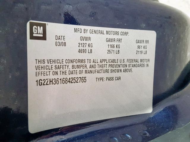 1G2ZH361684252765 - 2008 PONTIAC G6 GT BLUE photo 10