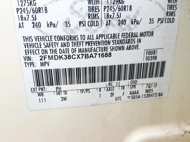 2FMDK38CX7BA71688 - 2007 FORD EDGE SEL CREAM photo 10