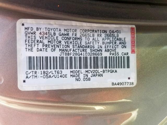 JT8BF28G410328669 - 2001 LEXUS ES 300 GRAY photo 10