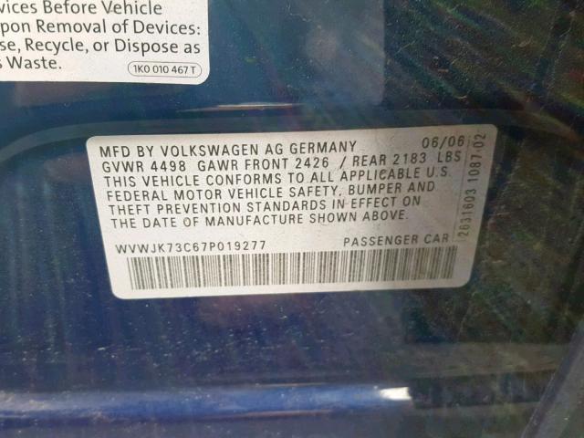 WVWJK73C67P019277 - 2007 VOLKSWAGEN PASSAT BLUE photo 10