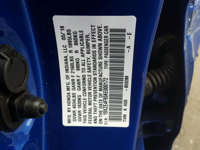 19XZE4F95KE000172 - 2019 HONDA INSIGHT TO BLUE photo 10