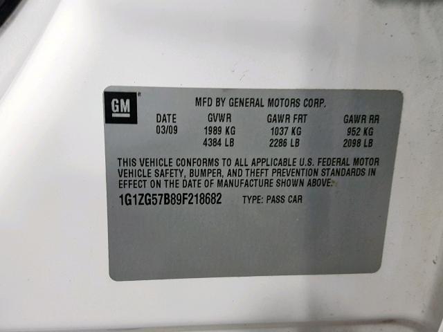 1G1ZG57B89F218682 - 2009 CHEVROLET MALIBU LS 白色 照片 10