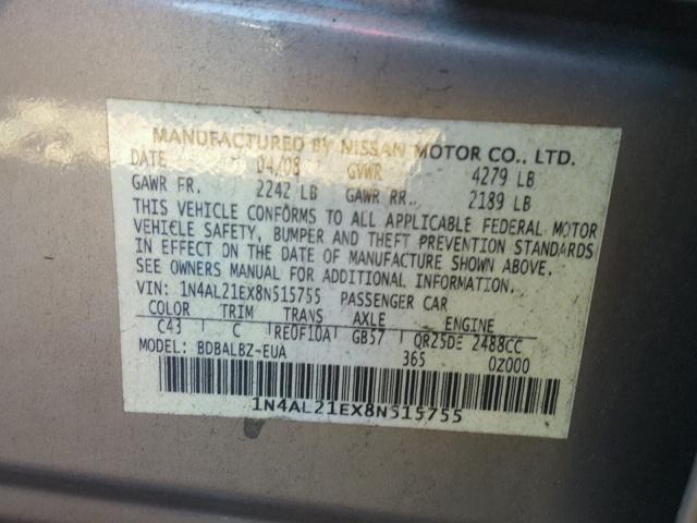 1N4AL21EX8N515755 - 2008 NISSAN ALTIMA 2.5 TAN photo 10