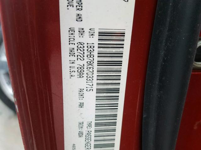 1B3HB78K67D331715 - 2007 DODGE CALIBER R/ RED photo 10