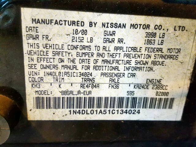 1N4DL01A51C134024 - 2001 NISSAN ALTIMA GXE BLACK photo 10