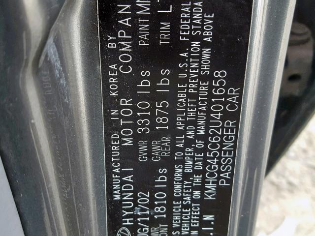 KMHCG45C62U401658 - 2002 HYUNDAI ACCENT GL GRAY photo 10