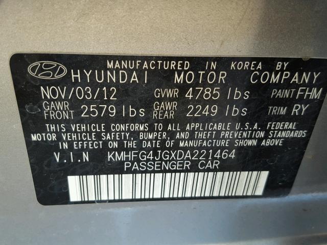 KMHFG4JGXDA221464 - 2013 HYUNDAI AZERA SILVER photo 10