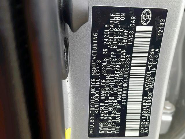 4T1B61HK4JU083358 - 2018 TOYOTA CAMRY XSE SILVER photo 10