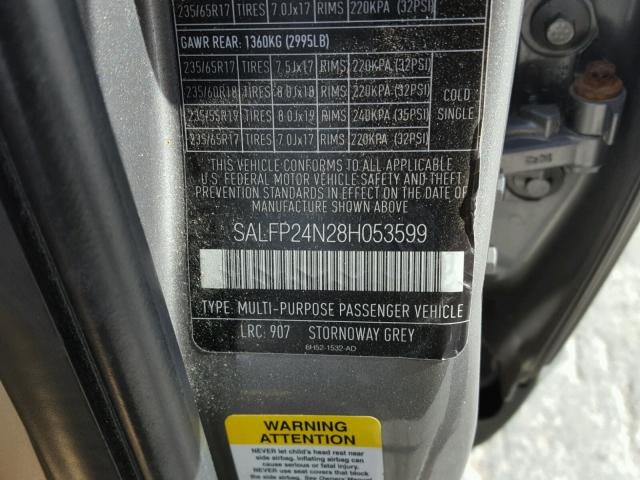 SALFP24N28H053599 - 2008 LAND ROVER LR2 SE GRAY photo 10