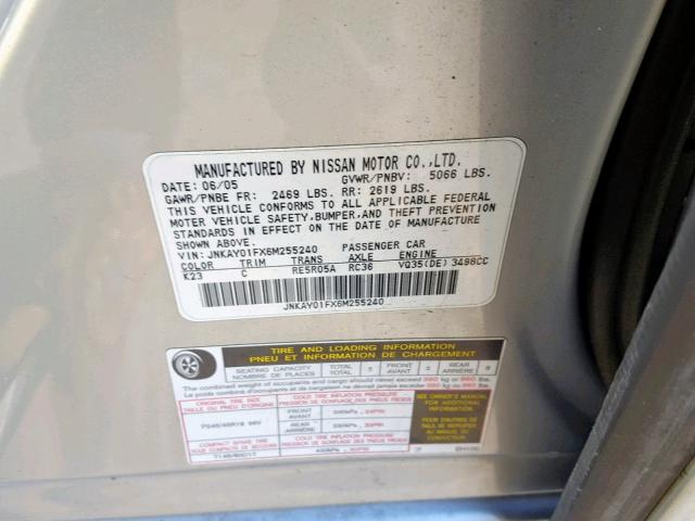 JNKAY01FX6M255240 - 2006 INFINITI M35 BASE SILVER photo 10